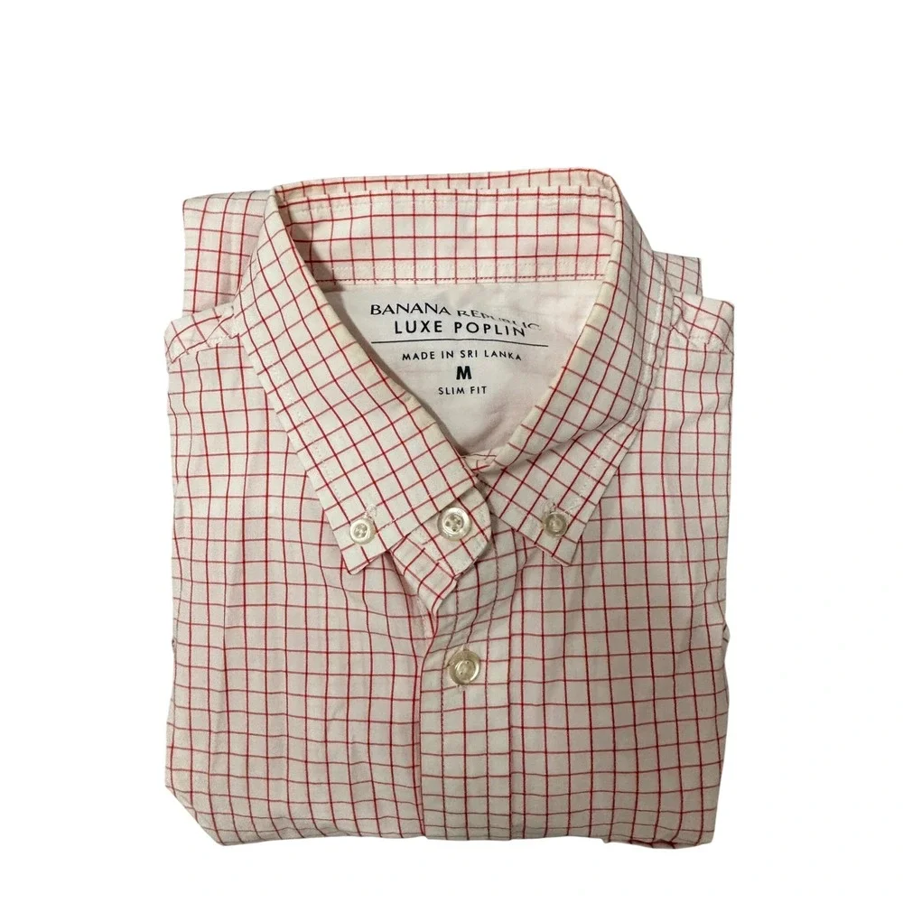 Banana Republic Luxe Poplin Slim Fit Dress Shirt Red White Windowpane Check M